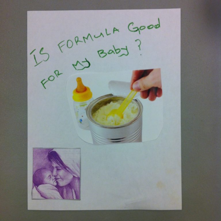 A collage by a project participant. Participants were asked to cut out and remix images and text from the resources to design a cover for an infant feeding resource for HIV positive parents. The text at the top of the collage states: is formula good for my baby? In the centre of the collage is a magazine cutout of a picture of a bottle and a can of powdered formula with a hand holding a spoon scooping out the formula. At the bottom left of the collage is a magazine cutout of a mother holding her baby. The mom is nuzzling the baby and smiling. The baby is sleeping.