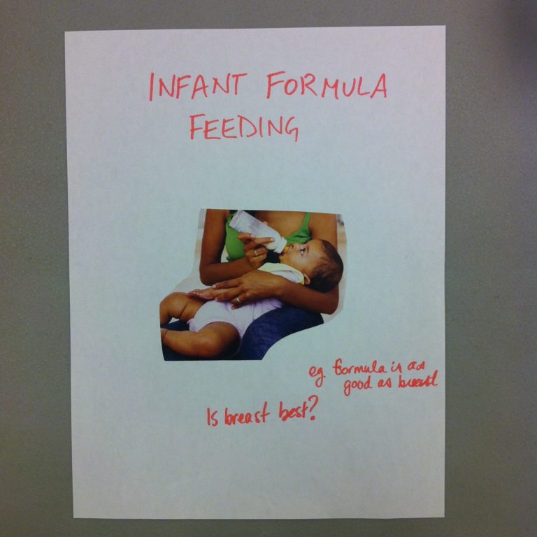 A collage by a project participant. Participants were asked to cut out and remix images and text from the resources to design a cover for an infant feeding resource for HIV positive parents. An image of a parent feeding their baby through a bottle is in the middle of the page. The red text at the top says: Infant Formula Feeding. The red text at the bottom asks: Is breast best? The red text towards the bottom states: eg. formula is as good as breast.