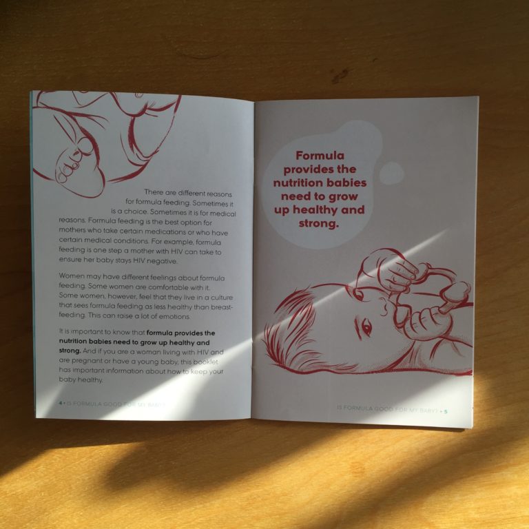 Photo: Two-page spread from “Is Formula Good for my Baby?” — an infant feeding resource for HIV positive mothers. On the left is a page with text. The right side of the spread is an illustration of a baby with a large text inside a spilled milk shape that reads “formula provides the nutrition babies need to grow up healthy and strong.”