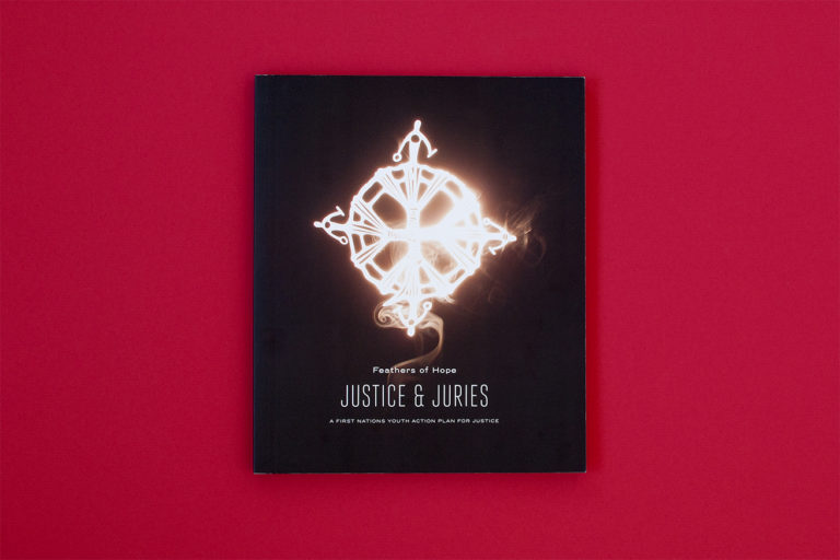 Front cover of Feathers of Hope, Justice and Juries: A First Nations Youth Action Plan for Justice. The book sits on a red background.