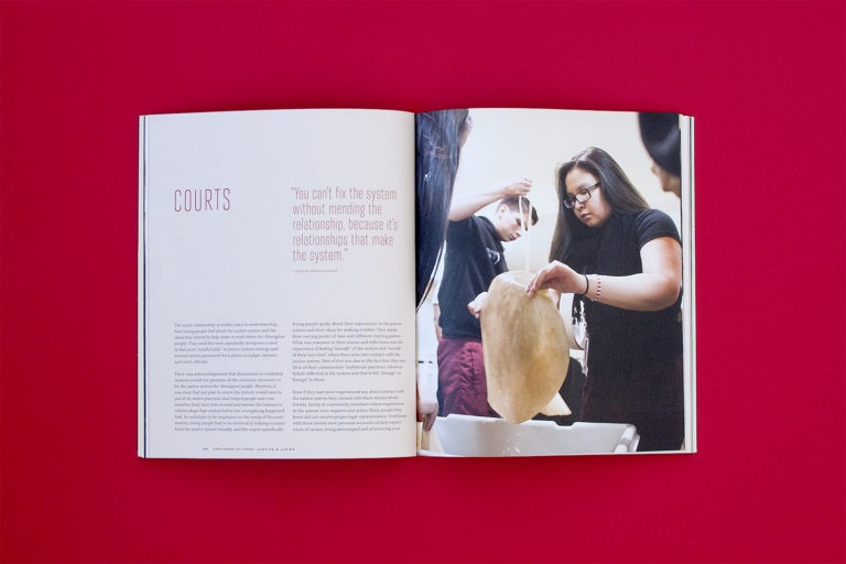 A spread of pages 66 and 67. Page 66 is titled Courts. The pull quote reads "You can't fix the system without mending the relationships that make the system". Page 67 features an image of 2 people soaking hide in water