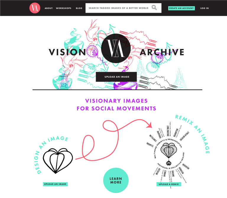 Graphic: Home page of the Vision Archive website. The top menu with a black band and white text has five clickable options as well as a search box. The five clickable options are About, Workshops, Blog, Create an Account and Log In. The first section has a button to upload your own icon image. The second section has a button to Learn More about the Vision Archive project.