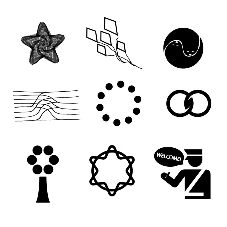 Nine black and white abstract icons created as part of the Vision Archive. Each icon is a visual representation of social movement imagery co-created by designers, artists, advocates and community organizers for a world they want to see.