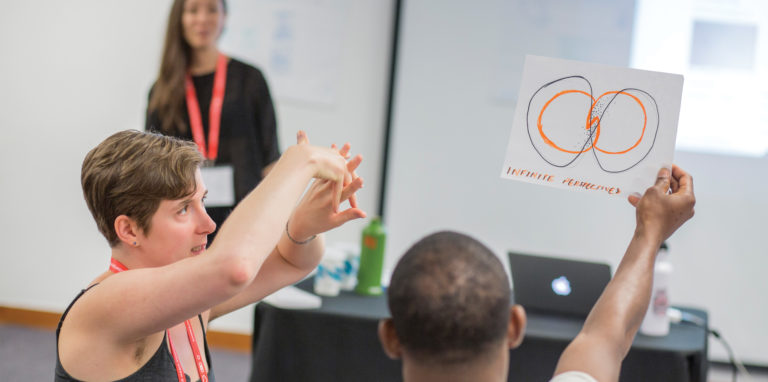 A photograph of 2 people in a workshop. The person on the left is making a hand gesture, intertwining their fingers. The person on the right holds up a sheet of paper with a drawing that resembles a ven diagram