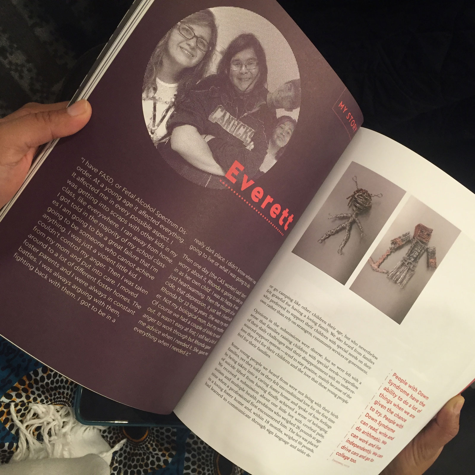 Photograph of a spread from the “We Have Something to Say” report. This spread focuses on one youth- Everett.