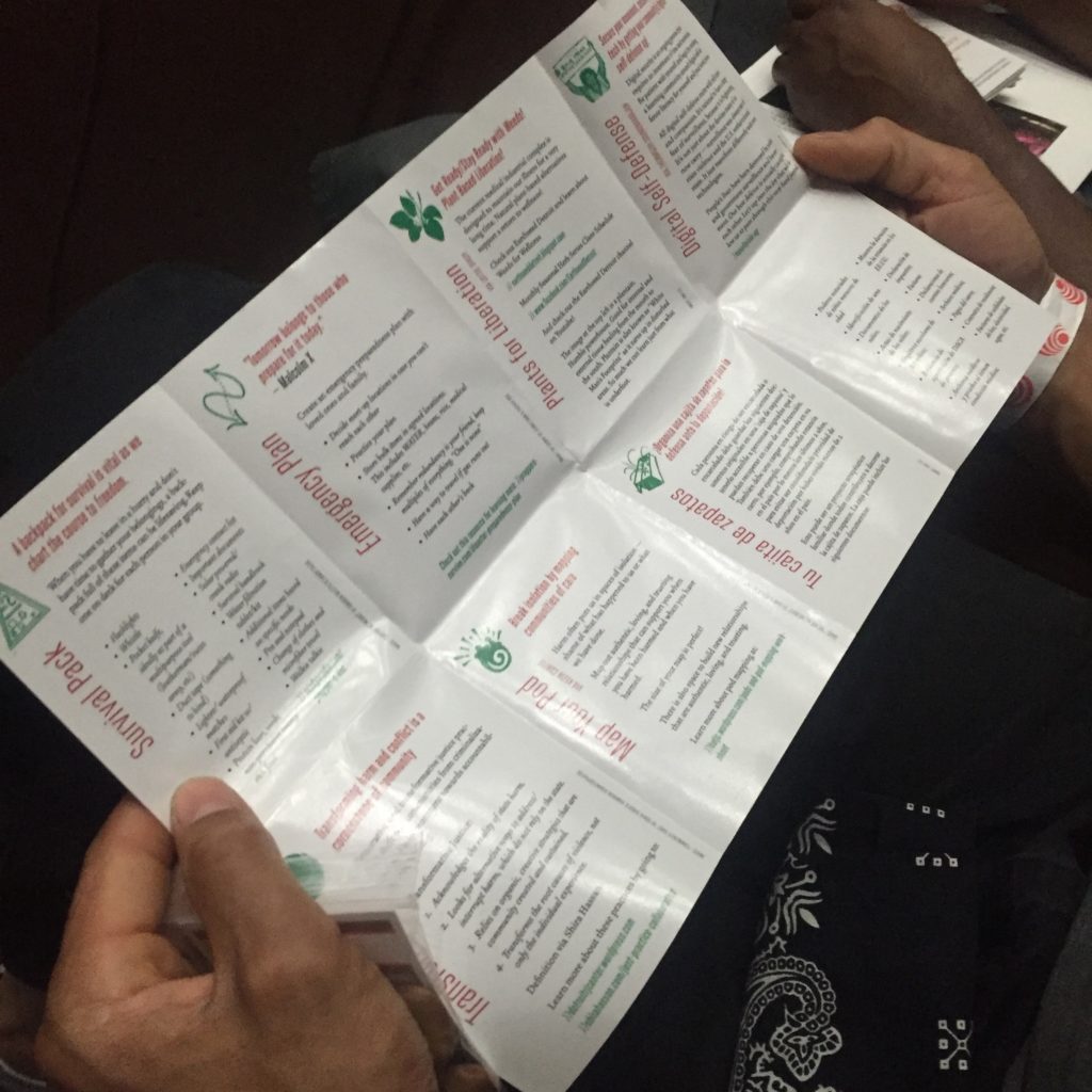 A pair of hands holds open the "Get Ready, Stay Ready" zine. The headings on the page include "Survival Pack, Emergency Plan, and Plants for Liberation." There are illustrations in green representing the headings either abstractly or literally.