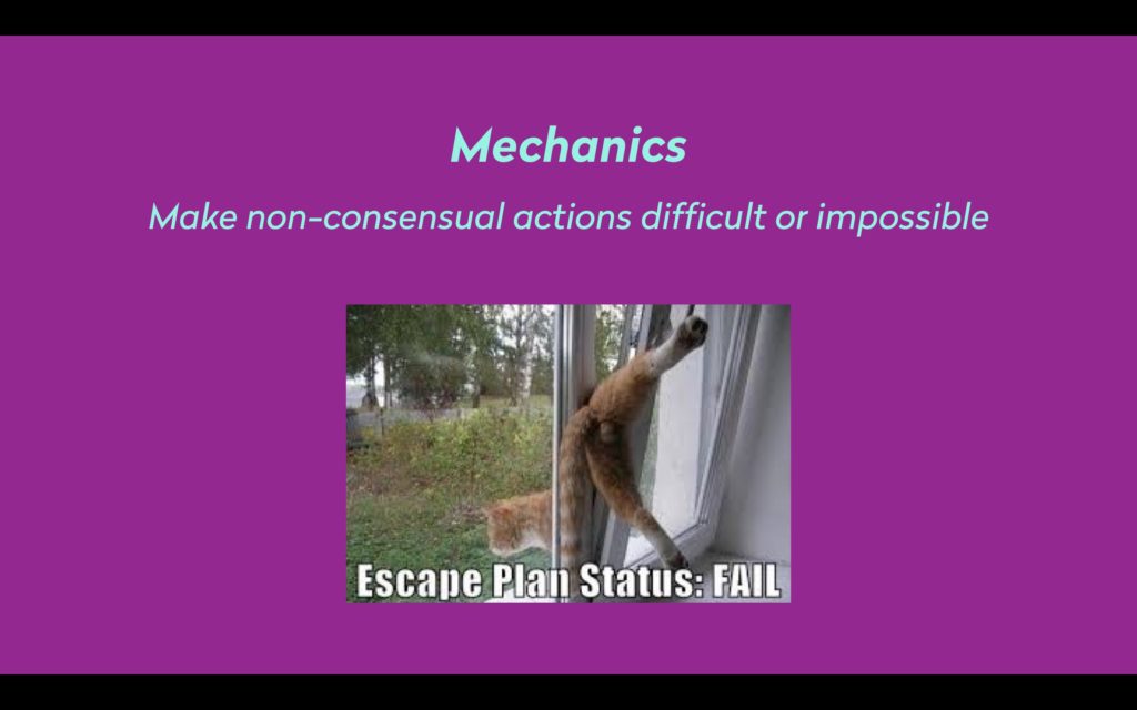 A slide with a purple background. There is a photo of a cat stuck in a sliding door with the caption "Escape Plan Status: FAIL" and text that reads "Mechanics: Make non-consensual actions difficult or impossible."