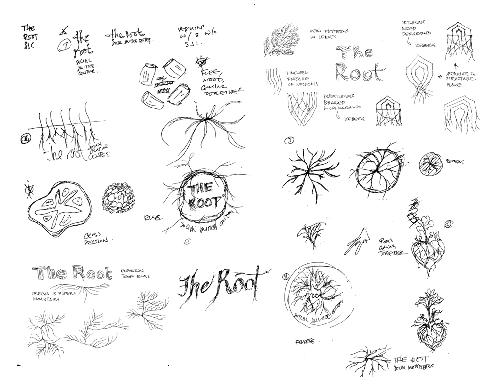 A couple dozen black & white hand drawn logo sketches
