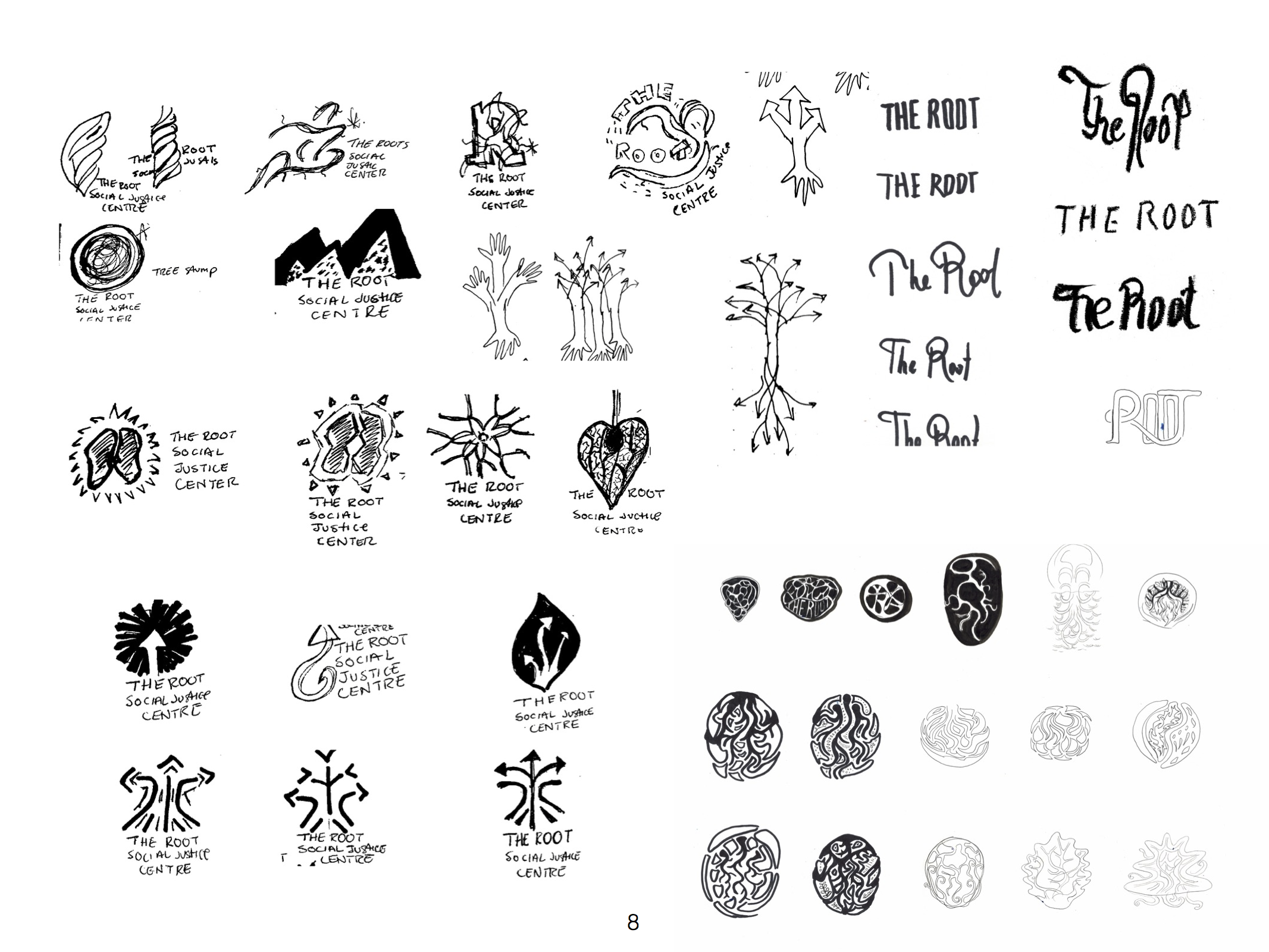 A couple dozen black & white hand drawn logo sketches