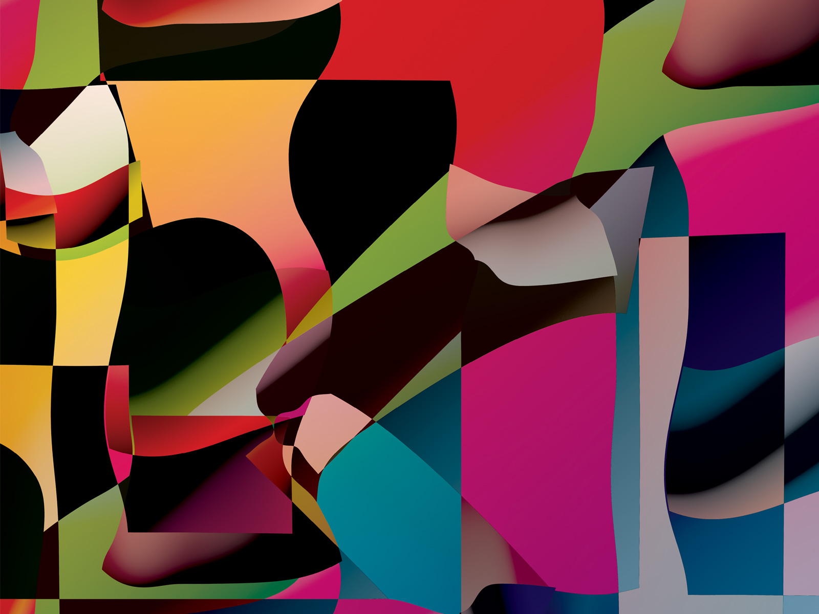 Close-up of the artwork designed for the music concert Not The Music, featuring Joe McPhee. The artwork consists of a series of waving figures overlaid on top of each other. The overlays give the image the overall appearance of an asymmetric checkerboard of eclectic colors.