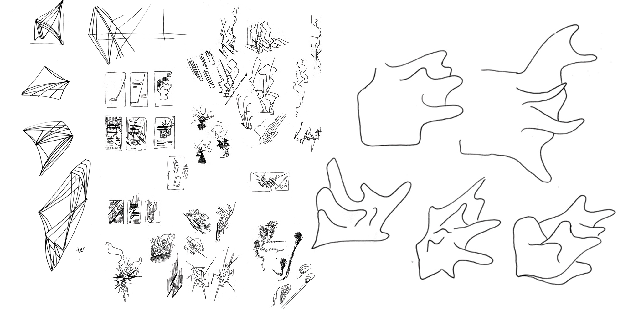 Image of ink sketches resulted from listening to the music featured in The Music Gallery's 2017-2018 season. The left half of the image contains various abstract line drawings, scribbles and doodles. The right half contains five sketches of gooey-looking shapes.