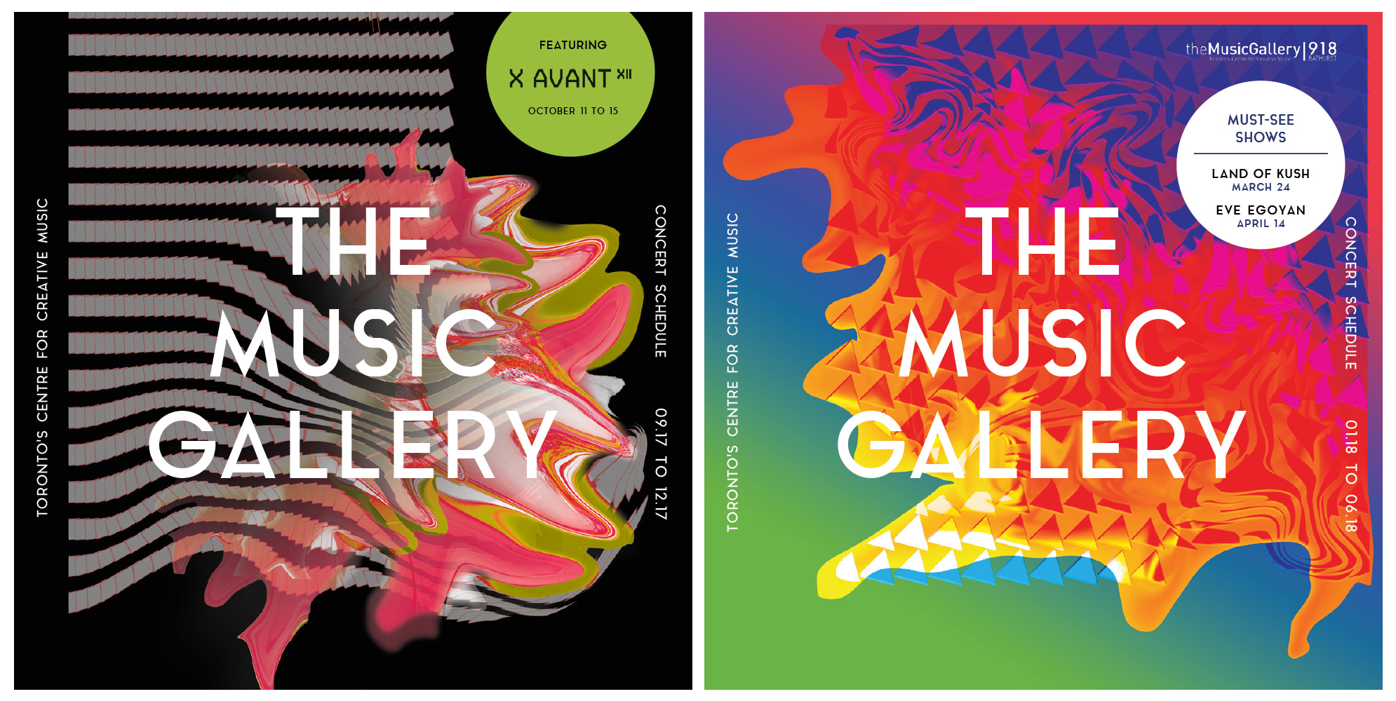 Image of the Fall and Winter guide covers for The Music Gallery's 2017-2018 season. The Fall guide cover (left) consists of a grey geometric pattern bursting out into a colorful formation of rounded peaks from the center of the image to the bottom left of the canvas. The Winter guide cover (right) shows of a series of triangular sequences melting into a lava-looking substance. This substance moves from the top right corner towards the bottom left of the page through a blue and green gradient background.