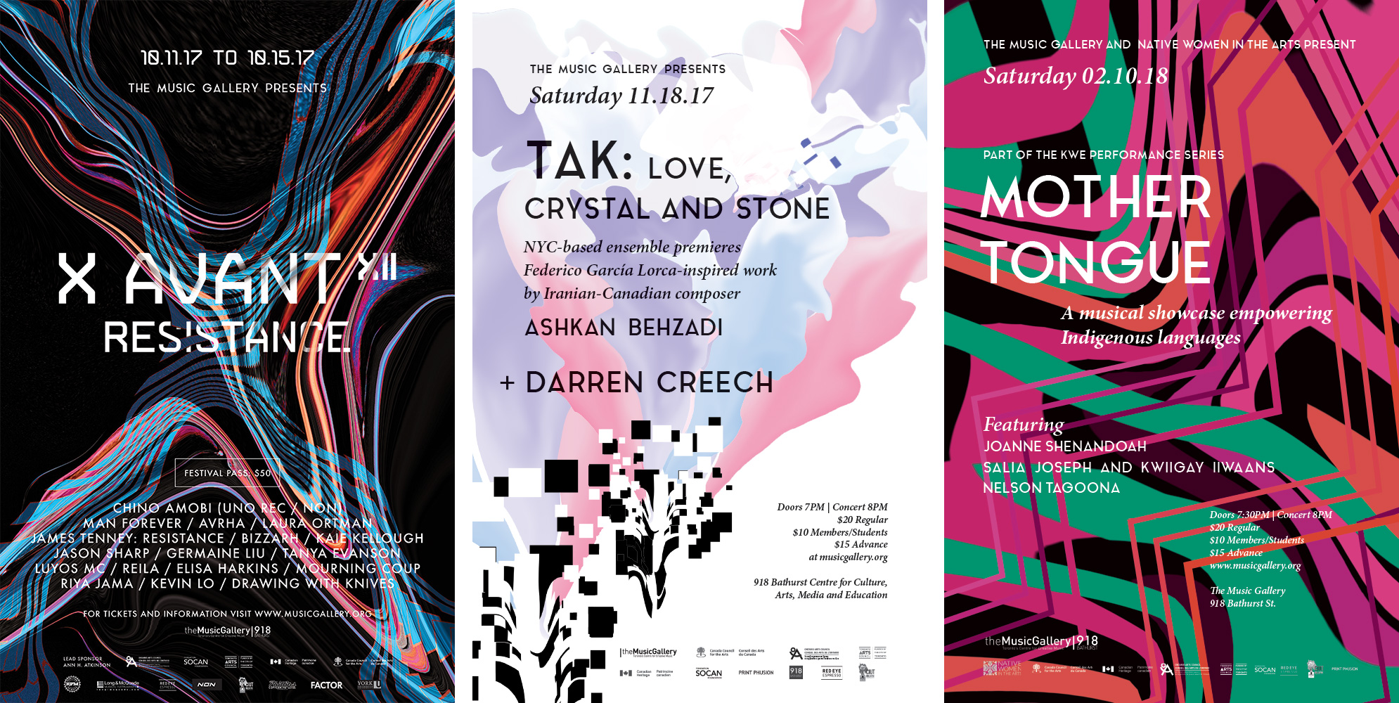 Image of three posters produced for The Music Gallery's 2017-2018 season. The first poster (left) is for the 12th edition of X Avant Festival. It consists of a wavy blue and red "X" stretching over a black background. The center and right posters are for the first two concerts in the season. The center poster shows a cloud-like shape coming out of a series of white and black squares at the bottom of the canvas. The right poster shows an assymetrical pattern of pink, green, orange and black waves.