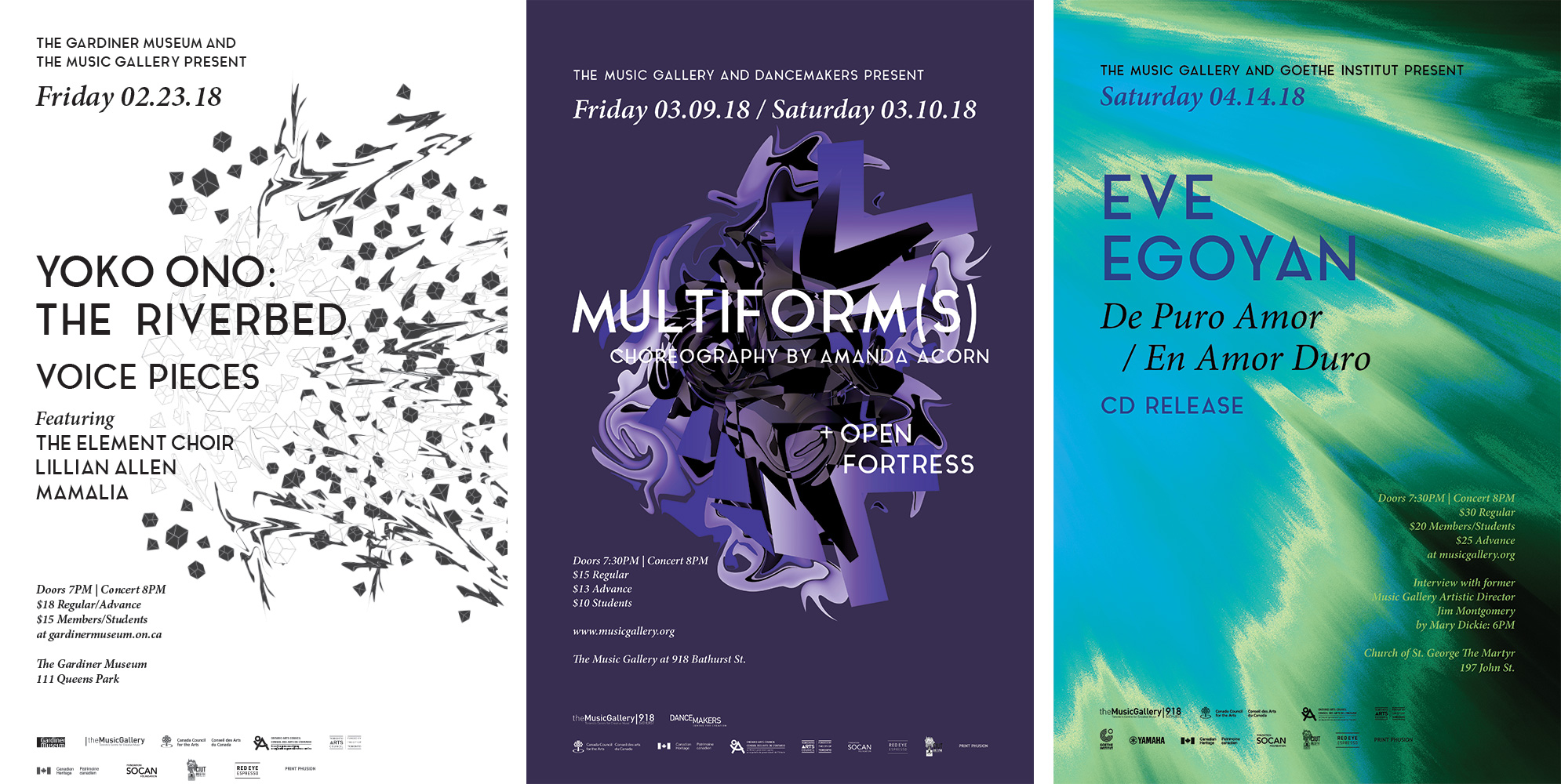 Image of three posters produced for The Music Gallery's 2017-2018 season. The first poster (left) has a white background and shows a series of black figures exploding outwards. The second poster (center) has a purple background and displays an abstract shape of multiple layers folding over itself. The third poster (right) is an abstract background of blue and green shades, giving the appearance of being a portion of the sky or a shoreline.