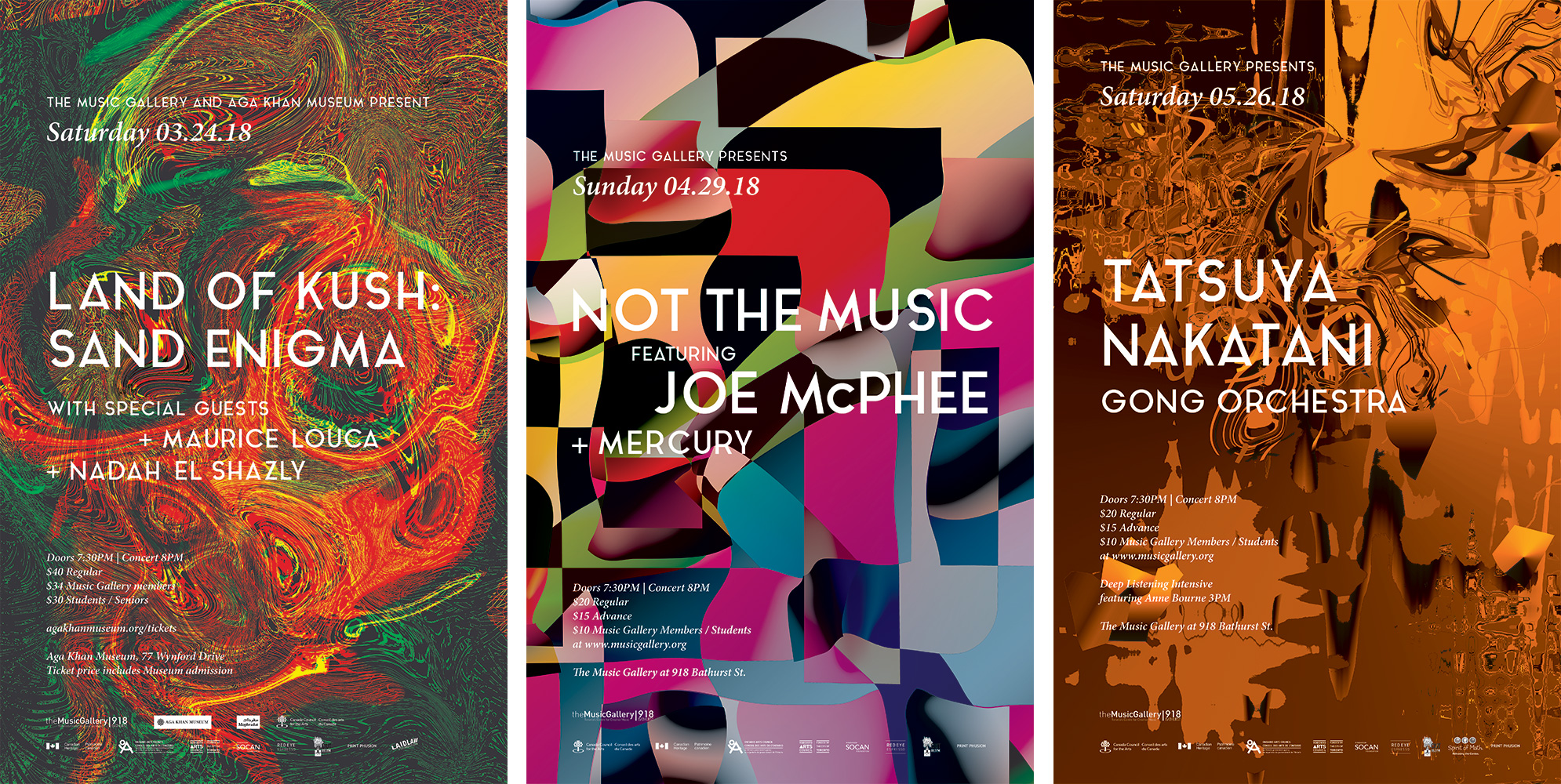 Image of three posters produced for The Music Gallery's 2017-2018 season. The first poster (left) is a series of swirls with a sand-like texture. The second poster (center) consists of a series of waving figures overlaid on top of each other, giving the appearance of an asymmetric checkerboard of eclectic colors. The third poster (right) is an abstract composition of bronze-looking formations.