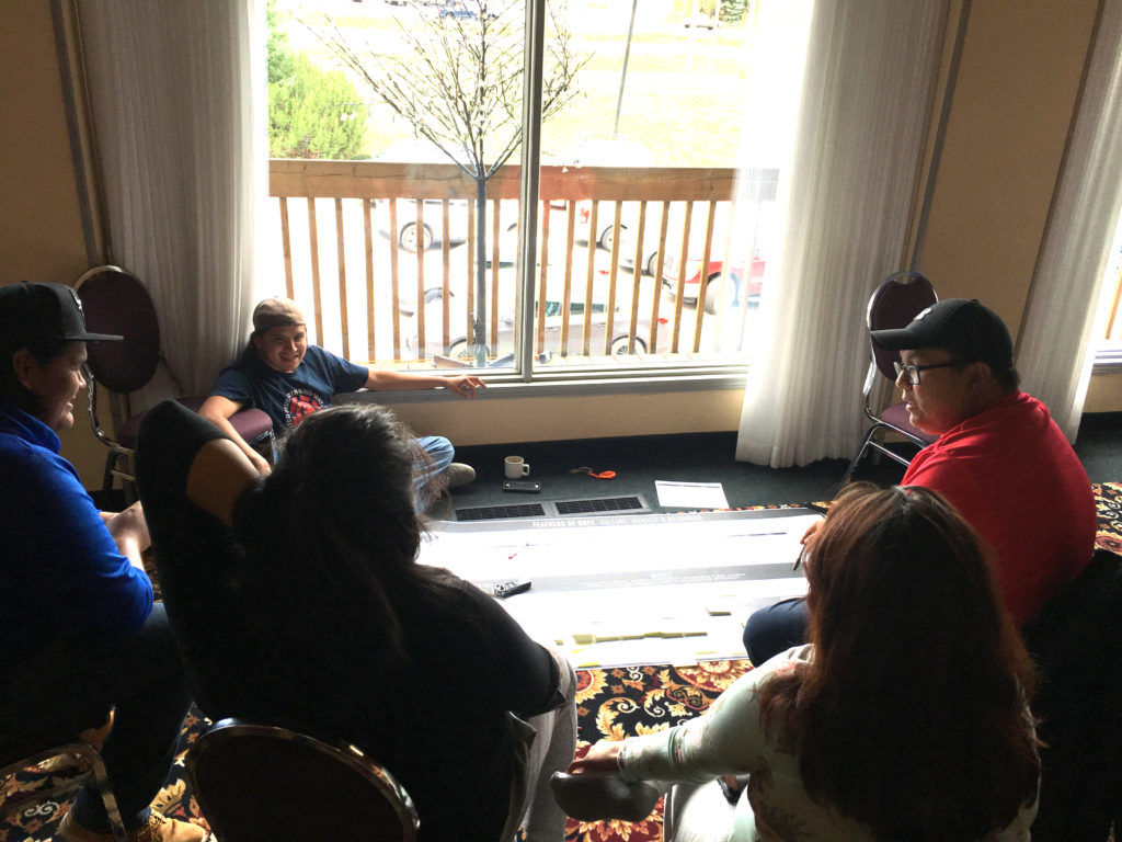 Five young Indigenous people are seated in front of a window, surrounding a large sheet of paper covered in yellow sticky notes.