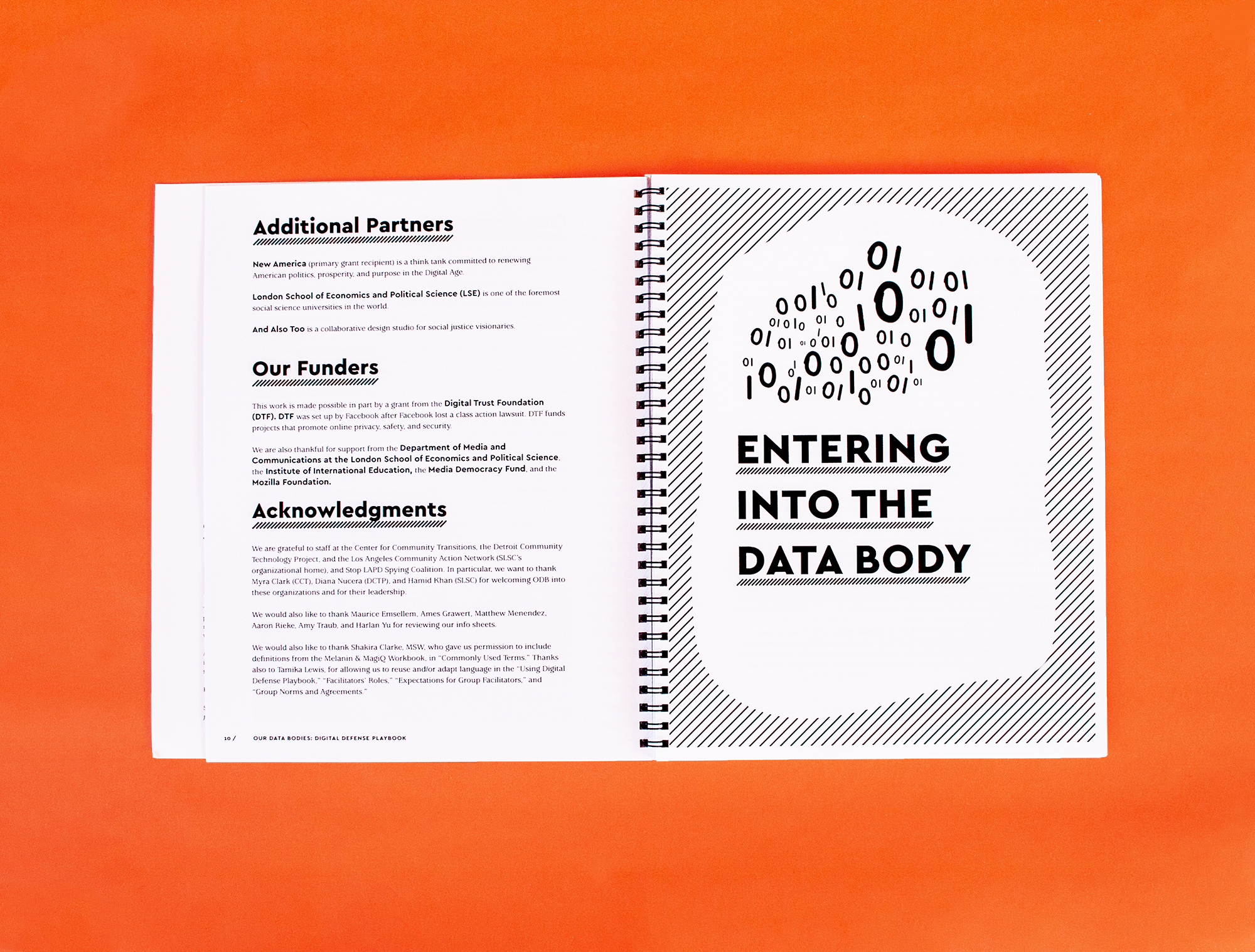 Photo: Spread on left Additional Partners, Our Funders, and Acknowledgements. On the right, “Entering into the Data Body” divider page with a data flowing out.