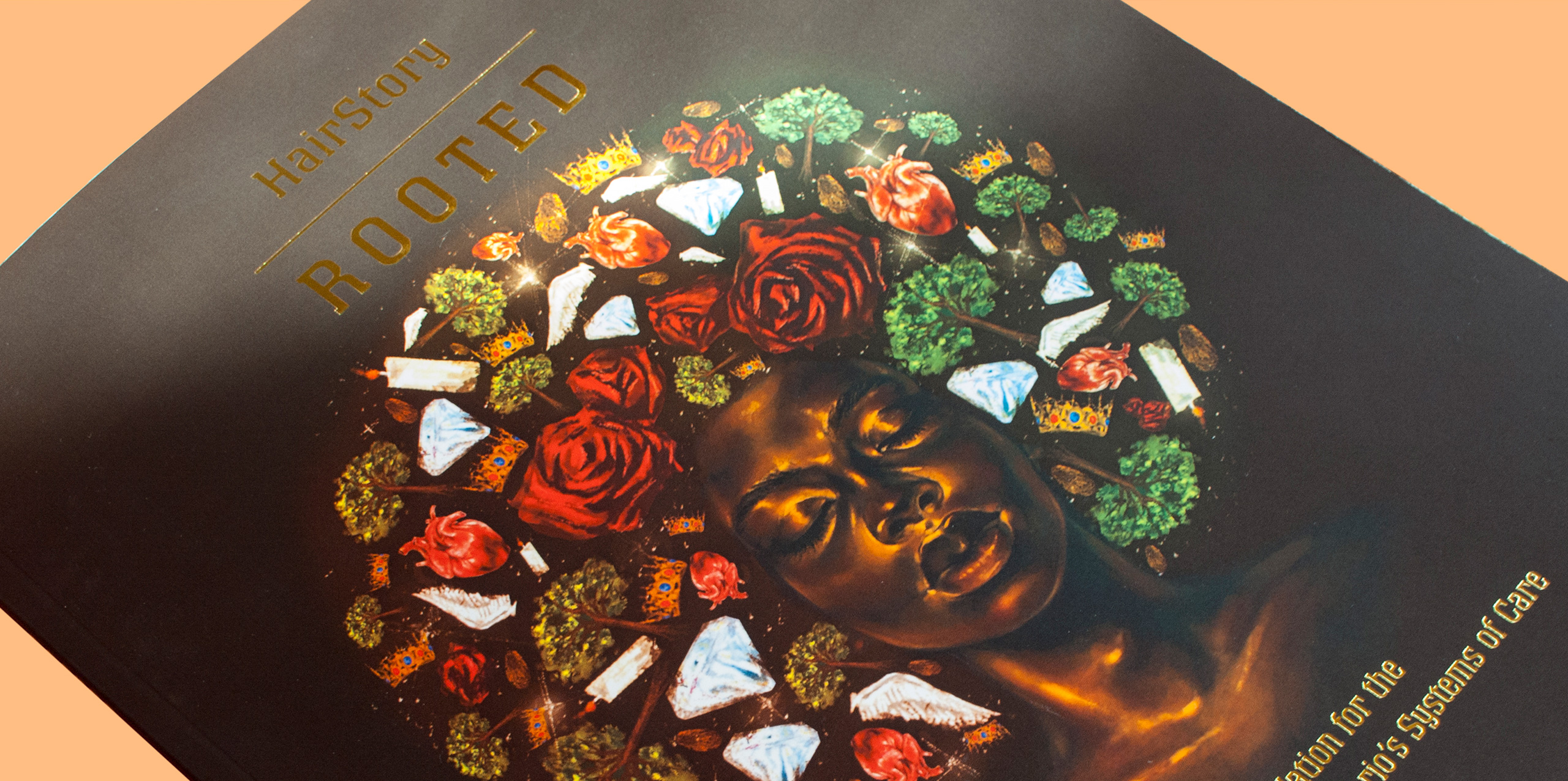 Front cover of the report, Black woman with icons forming and afro