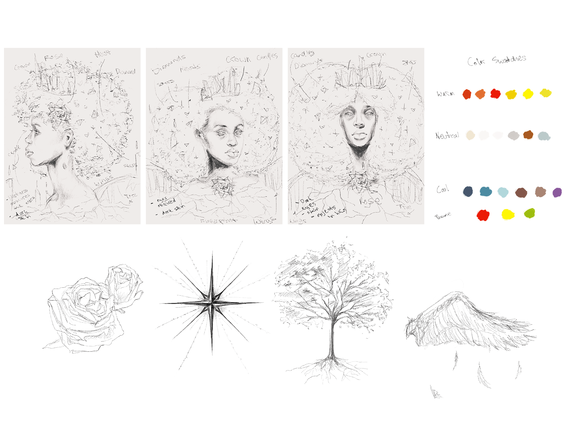 Exploration sketches of the cover and sketches of icons rose, star, tree and wing