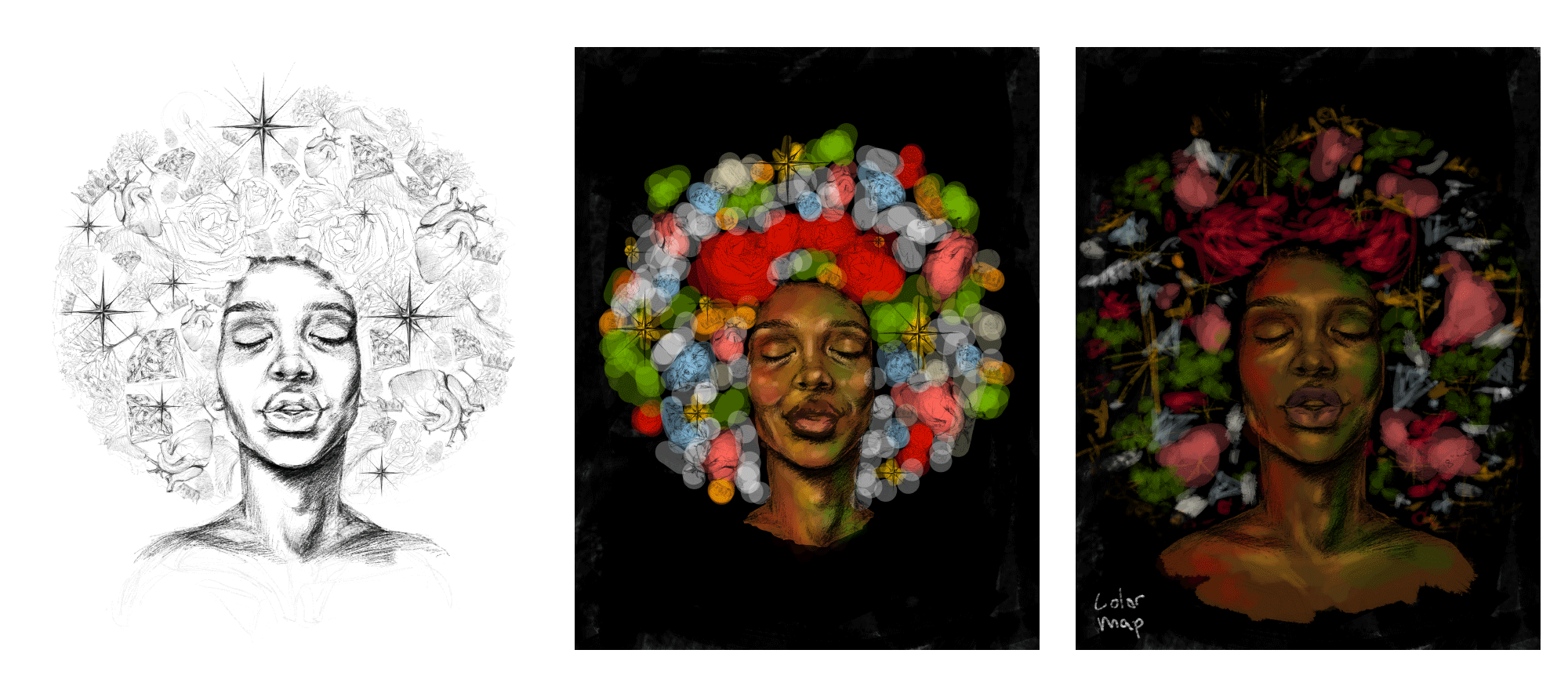 Sketch and digital iterations of Black woman with icons forming and afro