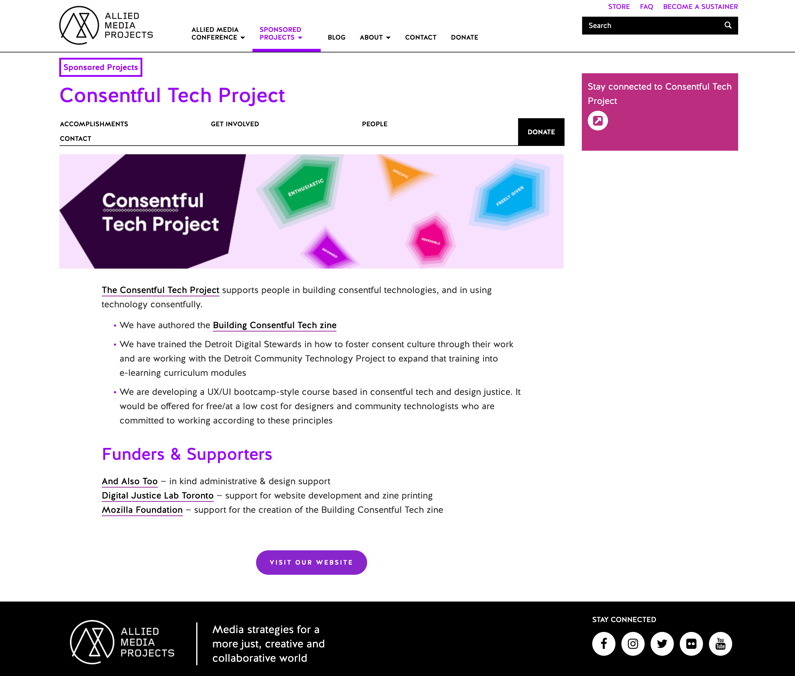 Screenshot of the Consentful Tech Project's page on the alliedmedia.org website. There is a large, colourful banner with different gem shapes floating in it. The largest gem reads "Consentful Tech Project."