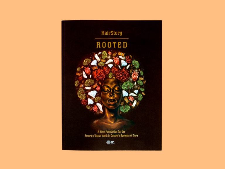 Graphic: Front cover of the report, Black woman with icons forming and afro