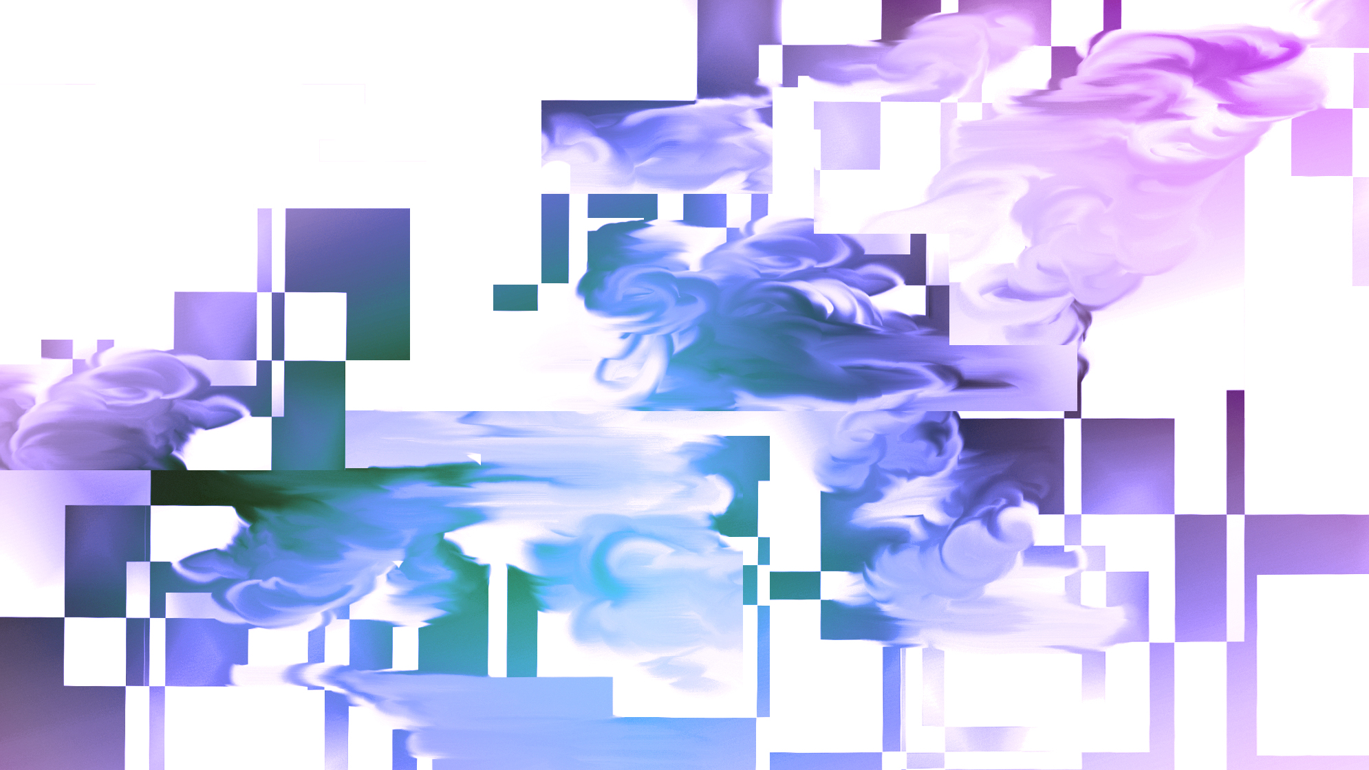 Abstract composition of blue and purple rectangles of different shapes and sizes, arranged onto a white canvas. Some areas of the composition have been smudged, distorting some of the rectangles as their colours blend with that of their neighbours’. This interrupts the purely geometrical nature of the image and softens and rounds the edges of the shapes.