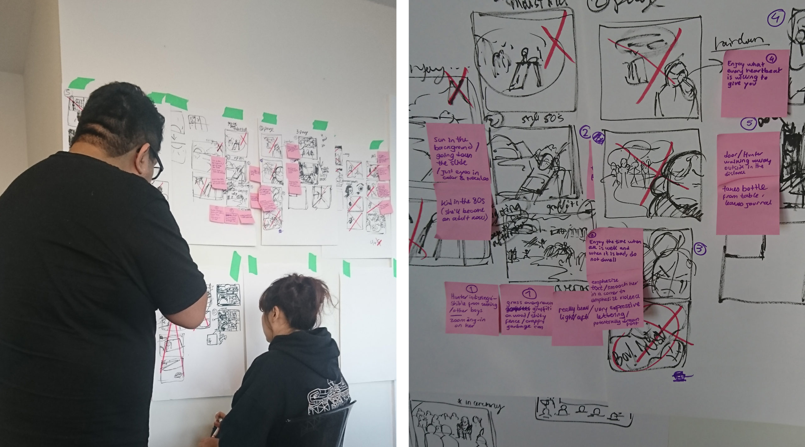 (Left): Photo of two young artists working on graphic novel storyboards taped to a wall. Both artists are wearing black and face away from the camera, attentively staring at the storyboards. (Right): Close-up photo of a graphic novel storyboard. Visible on the image are several hand-drawn frames, with various characters and settings inside of them. Some of the frames are crossed with a red ‘x,’ to indicate they are to be discarded. Some have post-its with comments on them.