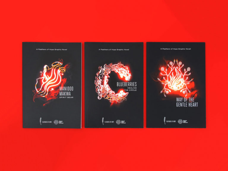 Photo of the Feathers of Hope graphic novels. The image shows a top-view of the three books, displayed in a row and sitting against a bright red background.