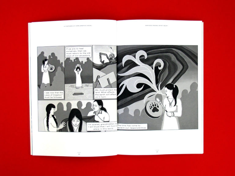 Photo of a spread of the graphic novel Manidoo Makwa. It is a series of black and white panels from pages 24-25.