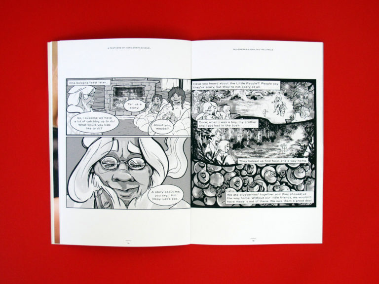 Photo of a spread of the graphic novel Blueberries: Healing the Circle. It is a series of black and white panels from pages 14-15.