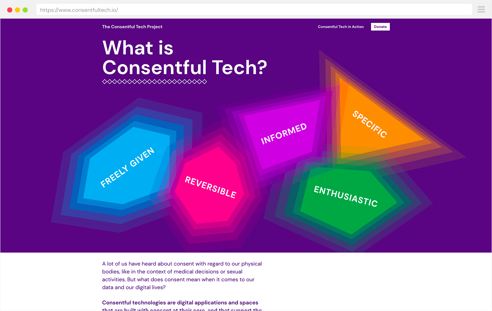 Screenshot from consentfultech.io. The title reads "What is Consentful Tech?" Against a purple background, gem shapes of different colors contain the words "Freely Given, Reversible, Informed, Enthusiastic, and Specific."