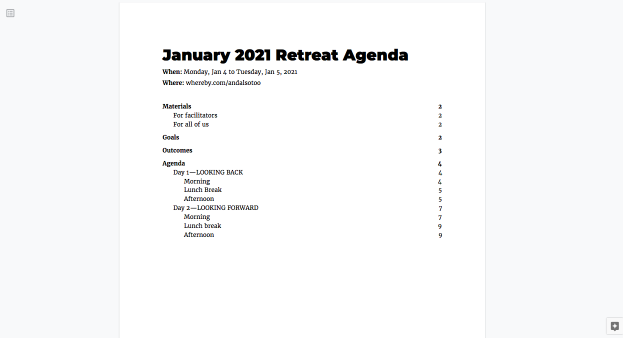 Screenshot of the first page (table of contents) of our retreat agenda. It lists the Materials, Goals, Outcomes and Agenda, divided into Day 1: Looking Back and Day 2: Looking Forward.