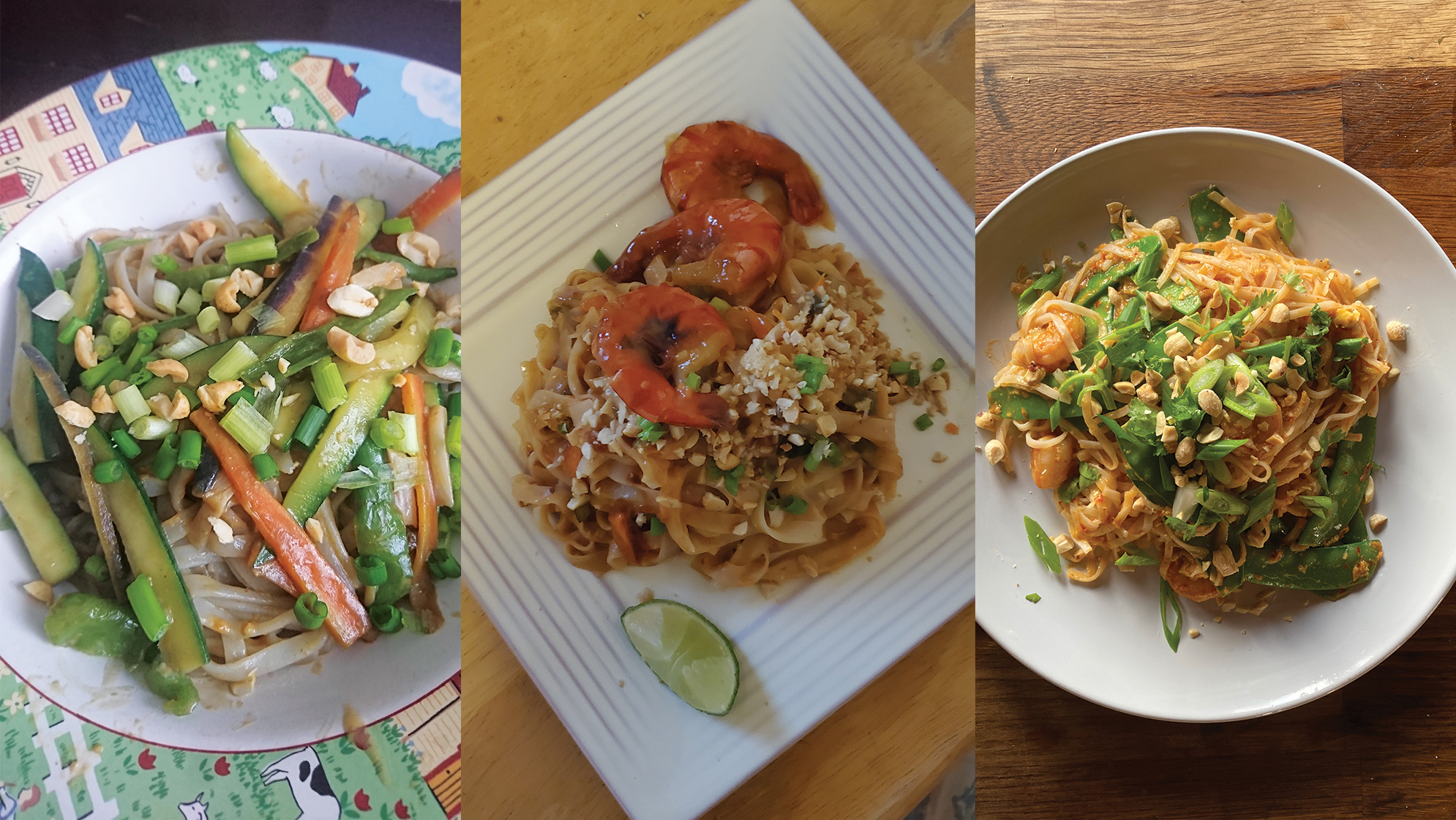 Photo composite of three dishes, on which are served three yummy-looking pad thais.