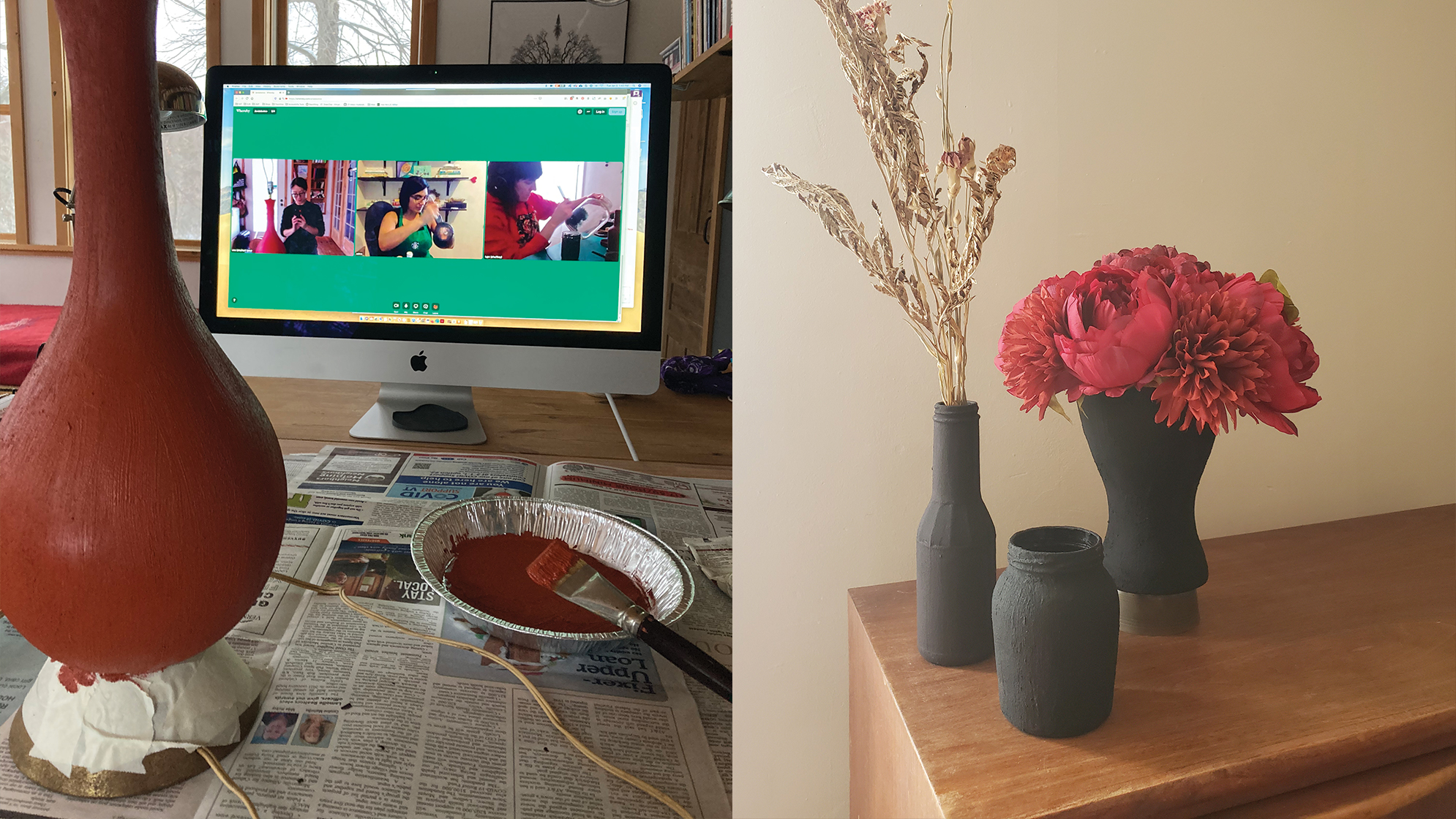 Photo composite. To the left: close-up of a lamp in the process of being painted with red, clay-like paint. In the background of the photo is an iMac, on which we are visible the And Also Too team in a conference room. Each of the team members is also painting an object. To the right: an arrangement of three clay-like vases holding dry flowers.