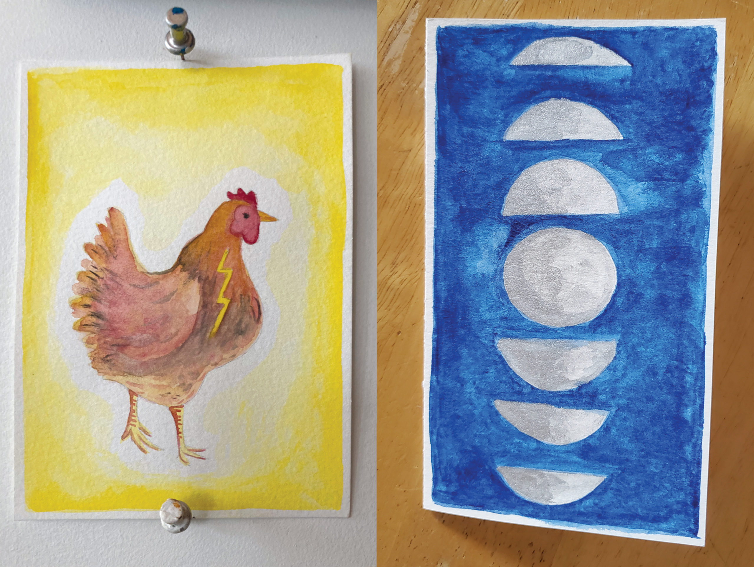 Composite photo of two cards sitting next to each other. The card on the left is a watercolor painting of a chicken; the card on the right is a watercolor rendering of the phases of the moon against a deep blue sky.