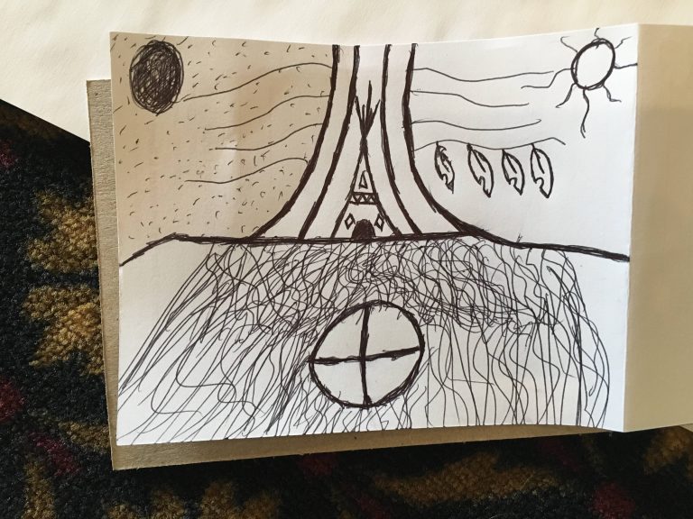 A rough sketch on a lined notepad. A tree is drawn with a medicine wheel at its roots and a teepee in its trunk. To the left of the tree it is nighttime, with a dark moon and dark sky. The branches are bare. To the right of the tree it is daytime. The sun shines and leaves grow from the tree.