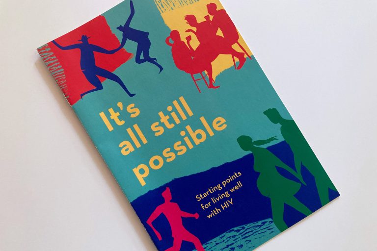 Booklet cover for "It's all still possible: Starting points for living well with HIV." The cover has a sky blue background and features illustrated silhouettes of people in different situations: dancing, chatting with friends over coffee, jogging, and two people holding hands, one of whom is pregnant.