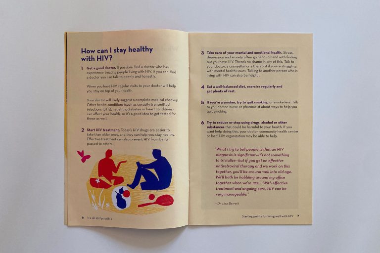 Spread from the booklet. The heading at the top of the left hand page reads "How can I stay healthy with HIV?" Below that is an illustration of two people sitting on the grass, talking. Nearby is a racket and ball, a pile of fruit, and a butterfly.