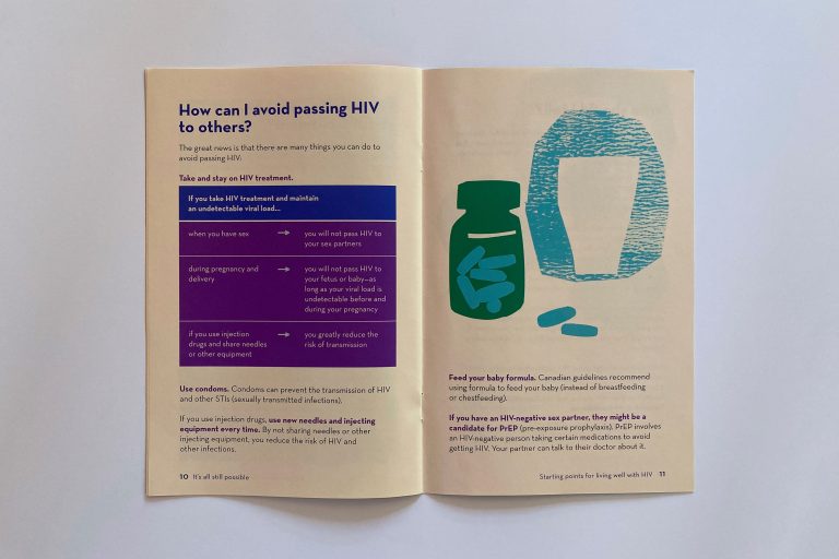 Spread from booklet. The heading on the left hand side reads "How can I avoid passing HIV to others?" The right hand page holds an illustration of a water glass and a green bottle with blue pills.