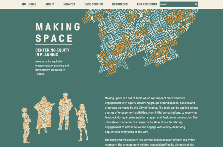 Homepage layout for Making Space. Headline reads: Making Space, centering Equity in Planning. A West African pattern design creeps in from the top right corner of the homepage. In the bottom left sit four silhouettes of people engaged in conversation, filled in with an Islamic pattern design.